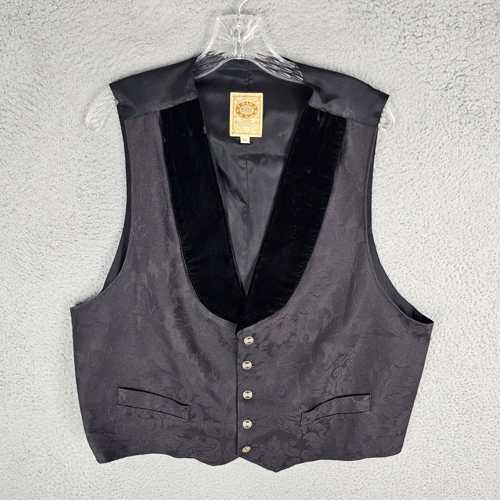 Wah Maker Vest Mens XL Black Floral Damask Velvet Lapel Frontier Western 27271